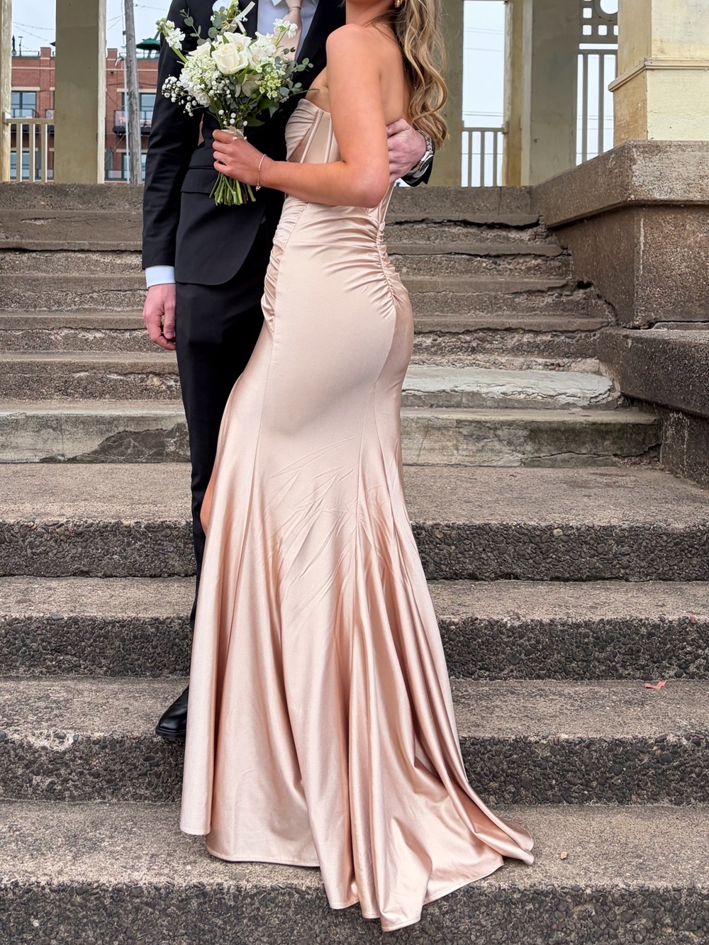 Faviana prom dress Strapless Ruched Satin Champagne gold